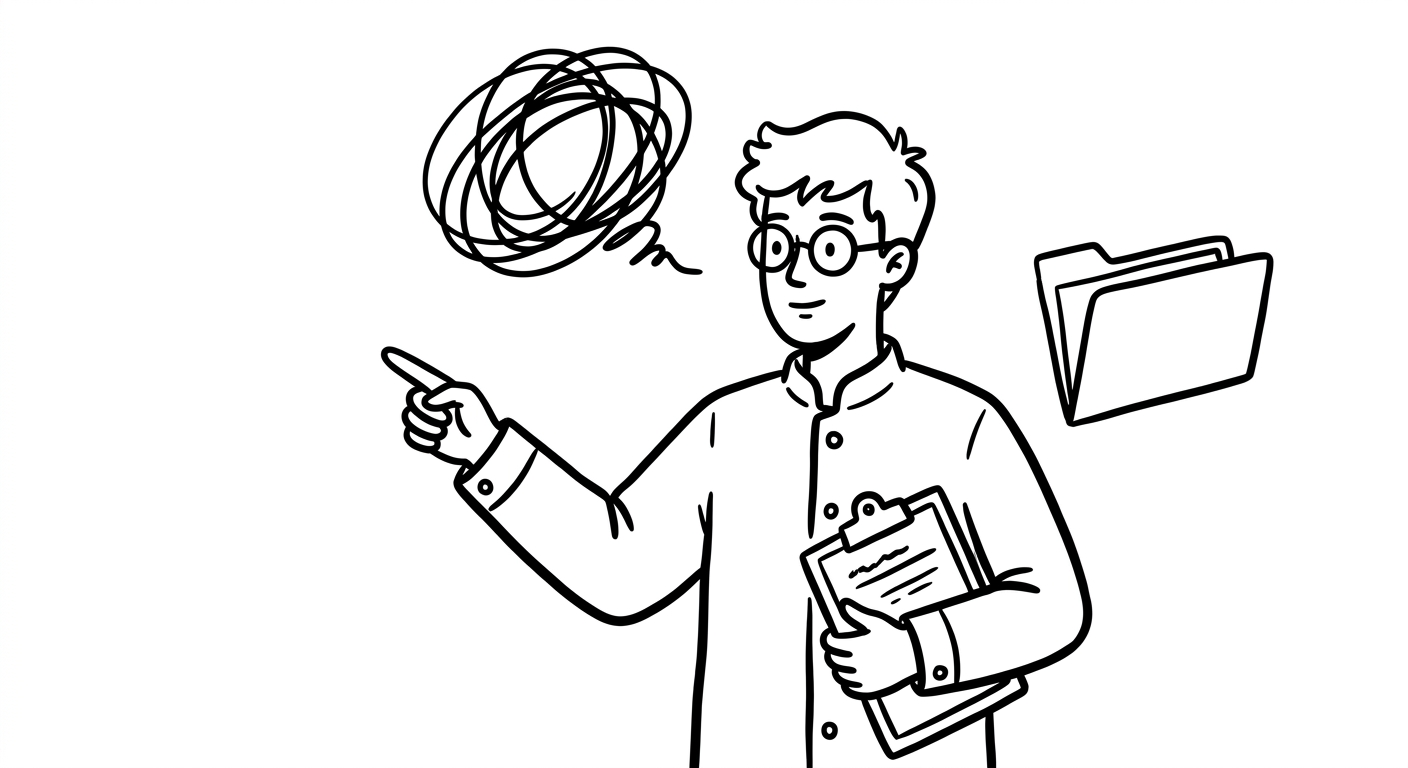 Dessin au trait : un homme à lunettes désigne quelque chose du doigt, un presse-papiers sous le bras, à côté d’un dossier ouvert.