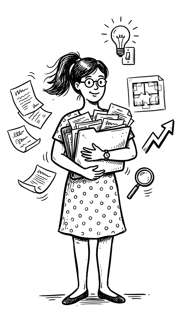 Dessin au trait : une femme serre un grand classeur de dossiers, entourée de feuilles, d’une loupe, d’un plan de maison et d’une ampoule.